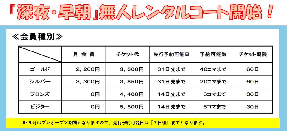 無人(深夜・早朝)レンタルコート開始しました！