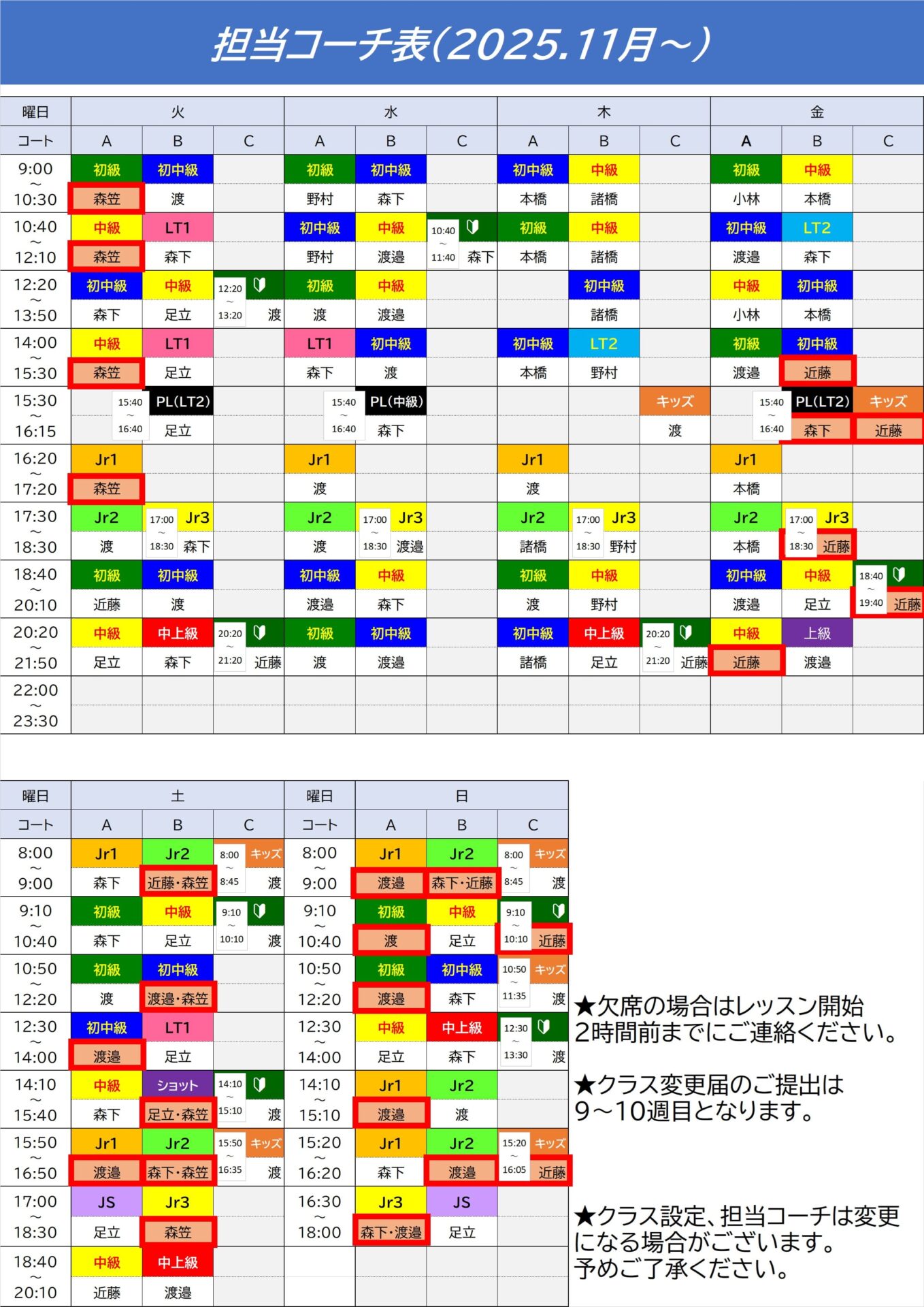 担当コーチ表